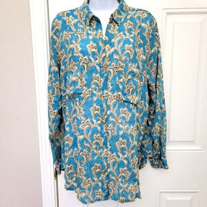 Pilcro Blue Gold Button Down Blouse Silky Pockets Feminine Lightweight Size MP